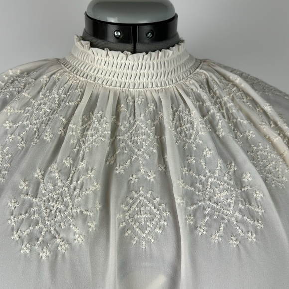 VINTAGE LOFT™️ Women's Size LP High Neck Embroidered Cream Long Sleeve Blouse - Picture 6 of 11